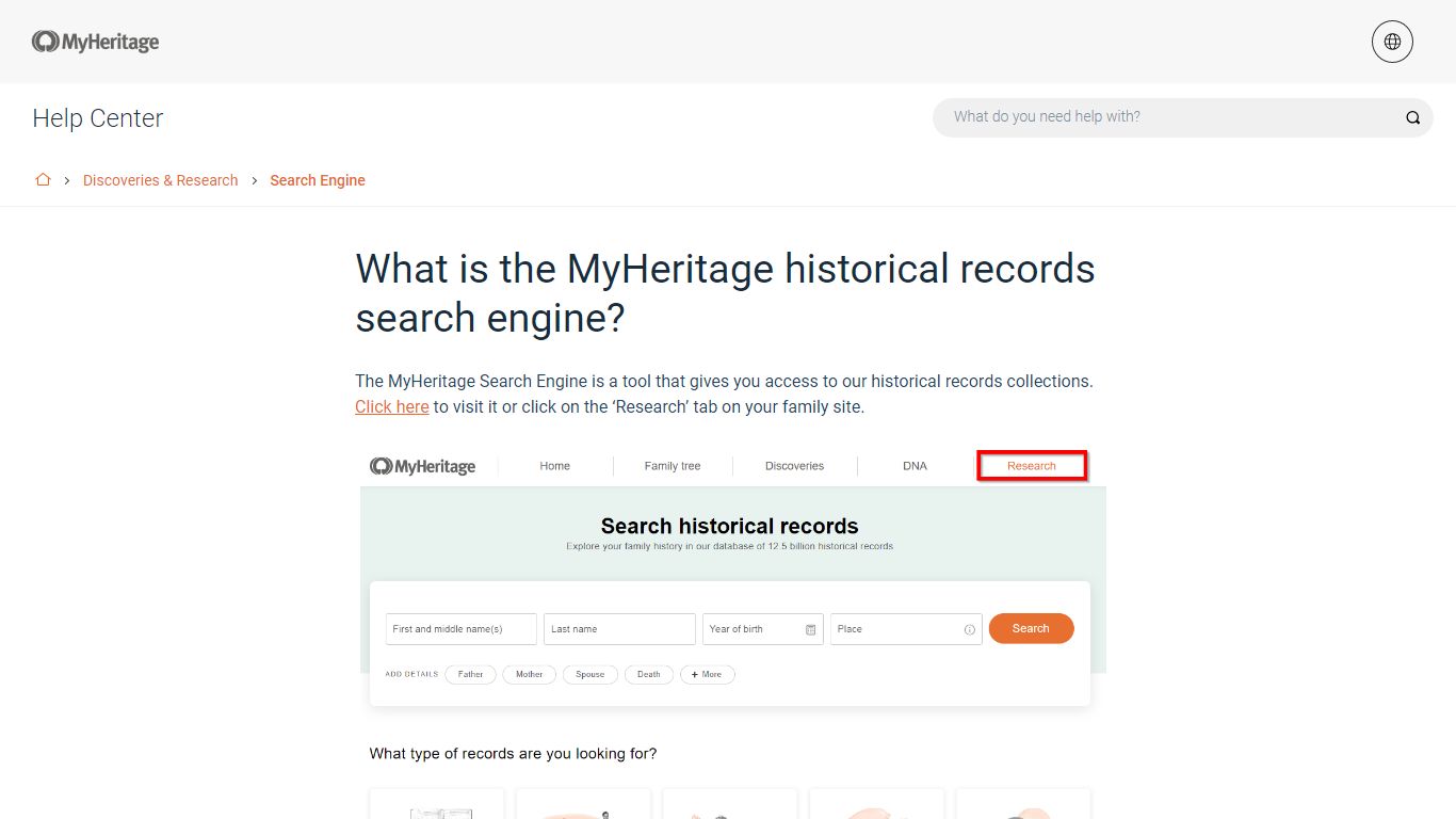 What is the MyHeritage historical records search engine?